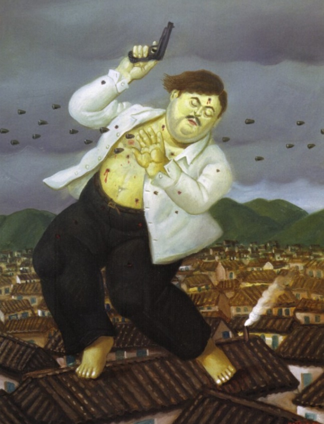 painting of Pablo Escobar shot and raining bullets by Botero